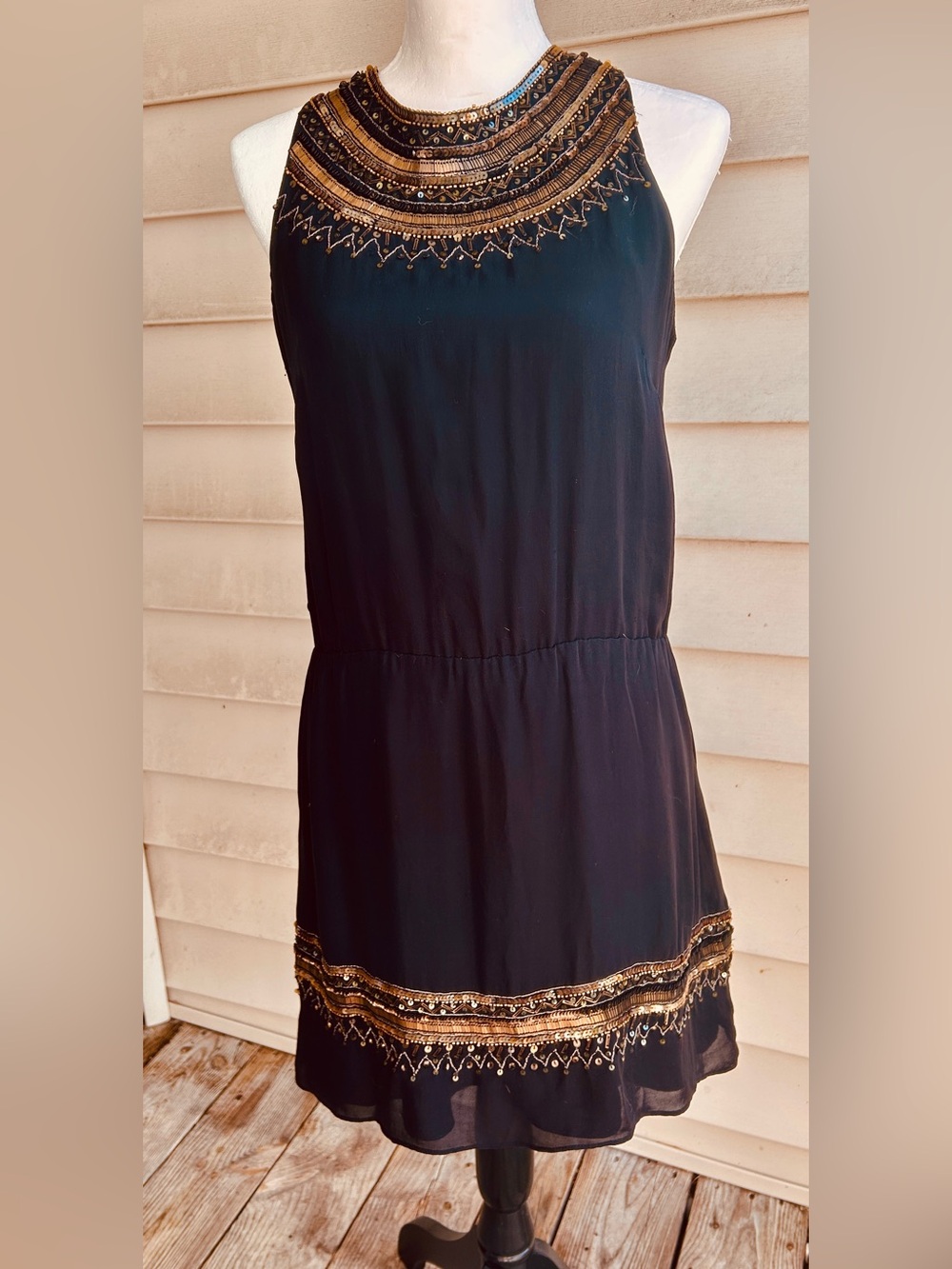 Parker Silk Embellished Black Dress with Gold Beading, Size S, Lined